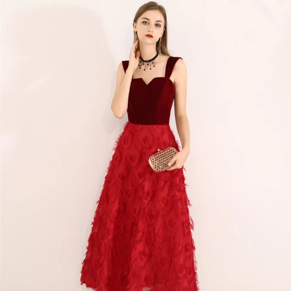 Chic / Beautiful Burgundy Evening Dresses 2019 A-Line / Princess Shoulders Suede Tassel Sleeveless Tea-length Formal Dresses