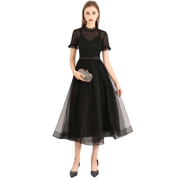 Chic / Beautiful Black Homecoming Graduation Dresses 2019 A-Line / Princess Scoop Neck Short Sleeve Bow Tea-length Formal Dresses