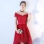 Chic / Beautiful Burgundy Cocktail Dresses 2019 A-Line / Princess Off-The-Shoulder Lace Flower Bow Short Sleeve Asymmetrical Formal Dresses