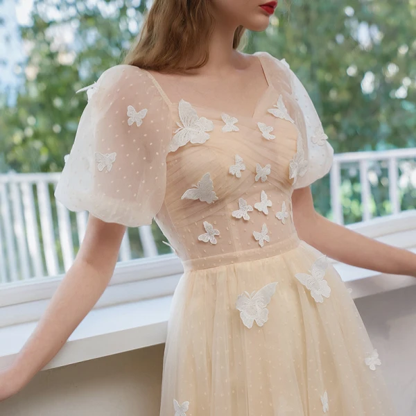 Charming Champagne Butterfly Prom Dresses 2021 A-Line / Princess Square Neckline Short Sleeve Backless Floor-Length / Long Formal Dresses