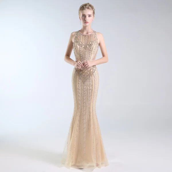 Luxury / Gorgeous Gold Evening Dresses 2019 Trumpet / Mermaid Scoop Neck Handmade Beading Crystal Pearl Sequins Sleeveless Floor-Length / Long Formal Dresses