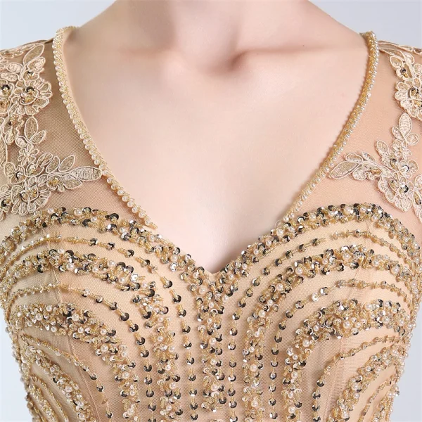 Luxury / Gorgeous Gold Handmade Beading Evening Dresses 2019 Trumpet / Mermaid V-Neck Crystal Lace Flower Sequins Sleeveless Floor-Length / Long Formal Dresses