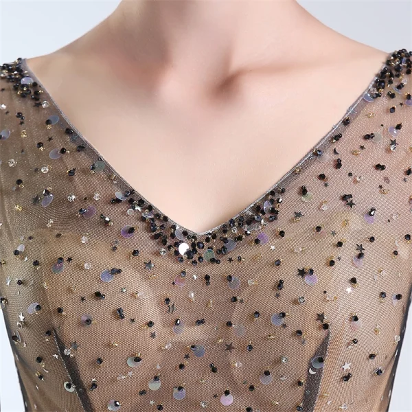 Luxury / Gorgeous Champagne Handmade Beading Prom Dresses 2019 A-Line / Princess V-Neck Sequins Star Crystal Short Sleeve Backless Floor-Length / Long Formal Dresses