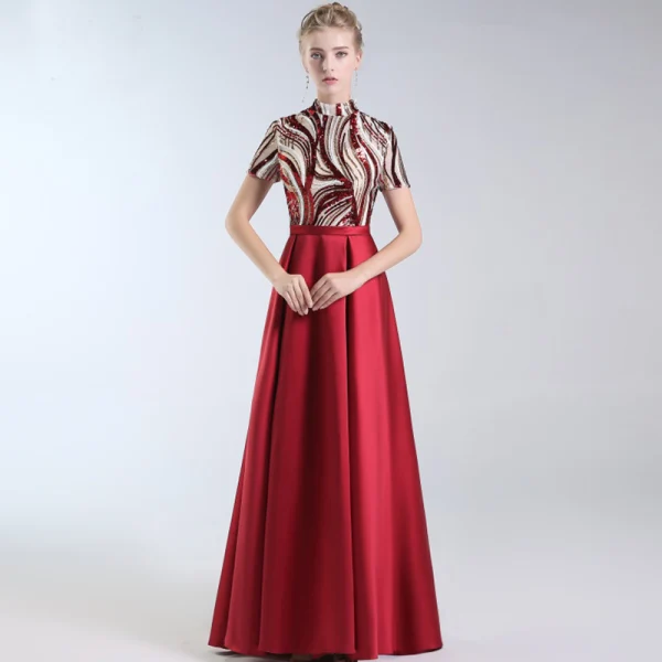 Luxury / Gorgeous Burgundy Evening Dresses 2019 Trumpet / Mermaid V-Neck Lace Sequins 1/2 Sleeves Backless Floor-Length / Long Formal Dresses