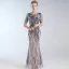 Charming Grey Evening Dresses  2019 A-Line / Princess Scoop Neck Lace Sequins Short Sleeve Floor-Length / Long Formal Dresses