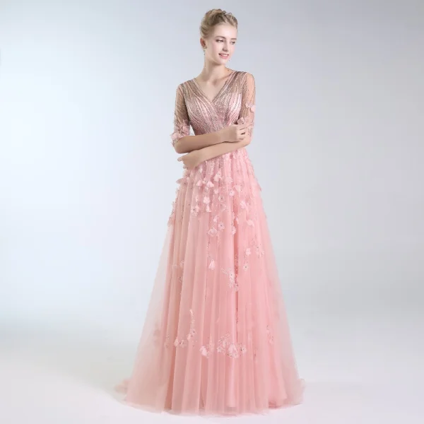Luxe Rougissant Rose Fait main Perlage Robe De Soirée 2019 Princesse V-Cou Appliques Cristal Paillettes Noeud 1/2 Manches Longue Robe De Ceremonie