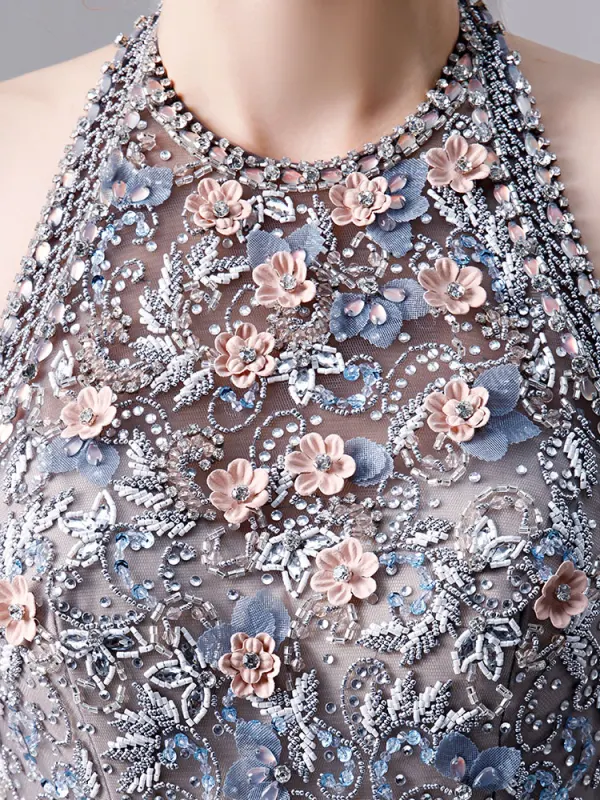 Sexy Bleu Marine Perlage Robe De Bal 2019 Princesse Titulaire Appliques Cristal Faux Diamant Sans Manches Dos Nu Volants en Cascade Longue Robe De Ceremonie