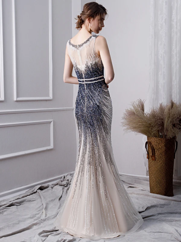 Luxus Gradient Farve Håndlavet Beading Selskabskjoler 2019 Havfrue Scoop Neck Krystal Ærmeløs Lange Kjoler