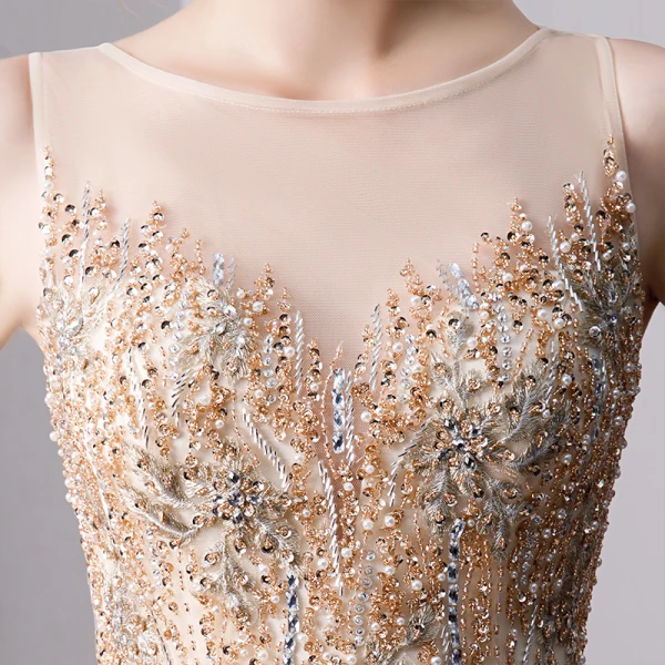 Luxe Doré Fait main Perlage Robe De Soirée 2019 Princesse Encolure Dégagée Cristal En Dentelle Fleur Perle Paillettes Sans Manches Longue Robe De Ceremonie
