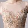 Luxury / Gorgeous Gold Handmade  Beading Evening Dresses  2019 A-Line / Princess Scoop Neck Crystal Lace Flower Pearl Sequins Sleeveless Floor-Length / Long Formal Dresses