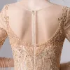 Luxury / Gorgeous Gold Handmade  Beading Evening Dresses  2019 Trumpet / Mermaid Scoop Neck Pearl Crystal Rhinestone Sequins 3/4 Sleeve Floor-Length / Long Formal Dresses