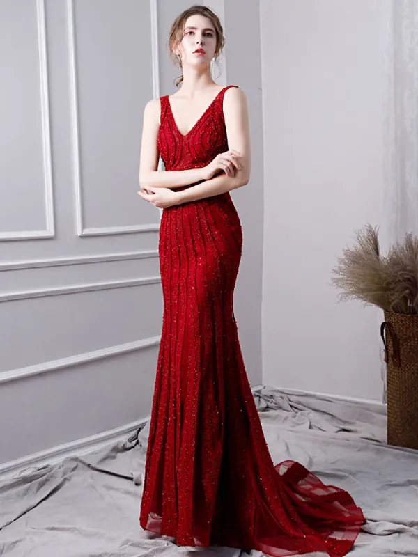 Luxury / Gorgeous Burgundy Handmade  Beading Evening Dresses  2019 Trumpet / Mermaid V-Neck Crystal Lace Flower Sequins Sleeveless Sweep Train Formal Dresses