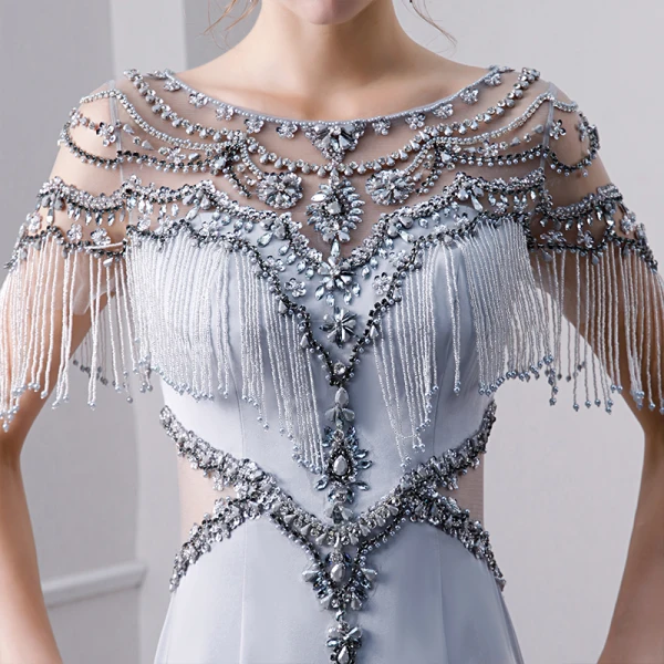 Luxury / Gorgeous Silver Handmade Beading Evening Dresses 2019 Trumpet / Mermaid Scoop Neck Pearl Tassel Crystal Sequins Short Sleeve Sweep Train Formal Dresses