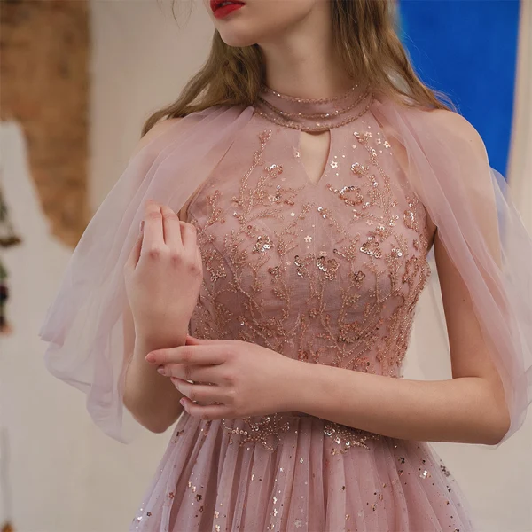 Chic / Beautiful Blushing Pink Homecoming Graduation Dresses 2021 A-Line / Princess Scoop Neck Beading Sequins Short Sleeve Tea-length Formal Dresses