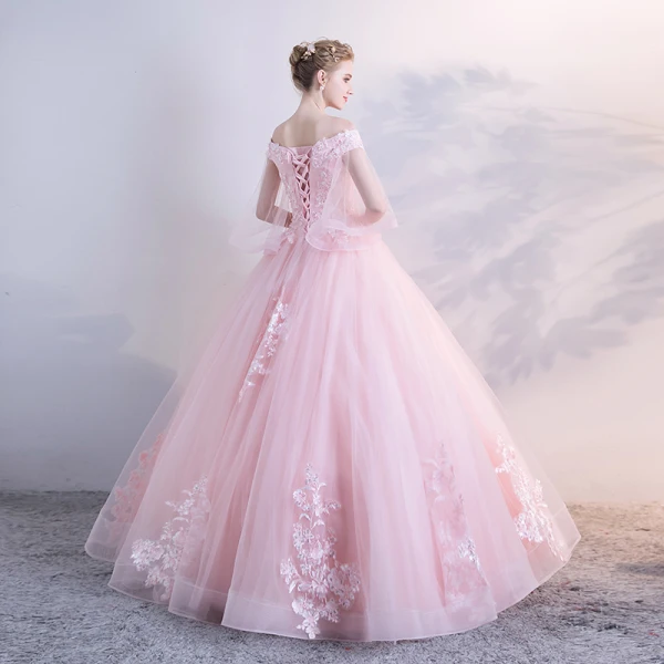 Chic / Belle Rose Bonbon Gonflée Robe De Bal 2018 Robe Boule En Dentelle Appliques Paillettes De l'épaule Dos Nu 1/2 Manches Longue Robe De Ceremonie
