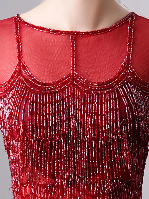 Luxury / Gorgeous Burgundy Evening Dresses  2019 Trumpet / Mermaid Scoop Neck Beading Crystal Tassel Short Sleeve Sweep Train Formal Dresses