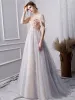 Elegant Grey Prom Dresses 2019 A-Line / Princess Beading High Neck Pearl Crystal Lace Flower Sequins Short Sleeve Floor-Length / Long Formal Dresses