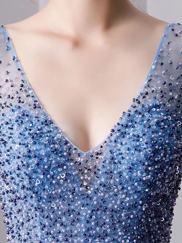 Chic / Beautiful Sky Blue Handmade  Beading Prom Dresses 2019 A-Line / Princess V-Neck Pearl Rhinestone Sequins Sleeveless Backless Floor-Length / Long Formal Dresses