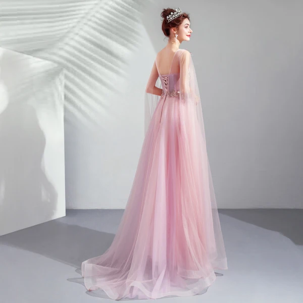 Élégant Rose Bonbon Robe De Ceremonie 2019 Princesse Encolure Dégagée En Dentelle Fleur Cristal Manches Courtes Dos Nu Longue Robe De Bal