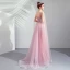 Élégant Rose Bonbon Robe De Ceremonie 2019 Princesse Encolure Dégagée En Dentelle Fleur Cristal Manches Courtes Dos Nu Longue Robe De Bal