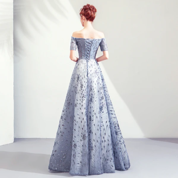 Elegante Silber Abendkleider 2019 A Linie Off Shoulder Glanz Tülle Pailletten Kurze Ärmel Rückenfreies Lange Festliche Kleider