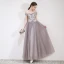 Chic / Beautiful Grey Evening Dresses  2019 A-Line / Princess Off-The-Shoulder Lace Flower Appliques Short Sleeve Backless Floor-Length / Long Formal Dresses