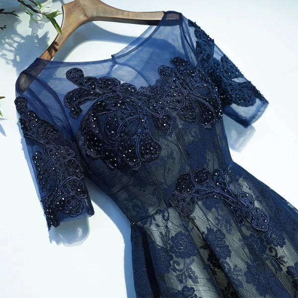 Chic / Belle Bleu Marine Robe De Ceremonie Robe De Graduation 2017 En Dentelle Paillettes Fleur Dos Nu 1/2 Manches Courte Princesse Encolure Dégagée