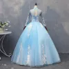 Piękne Niebieskie Quinceañera Sukienki Na Bal 2018 Suknia Balowa Z Koronki Aplikacje Frezowanie Wysokiej Szyi Bez Pleców Długie Rękawy Długie Sukienki Wizytowe
