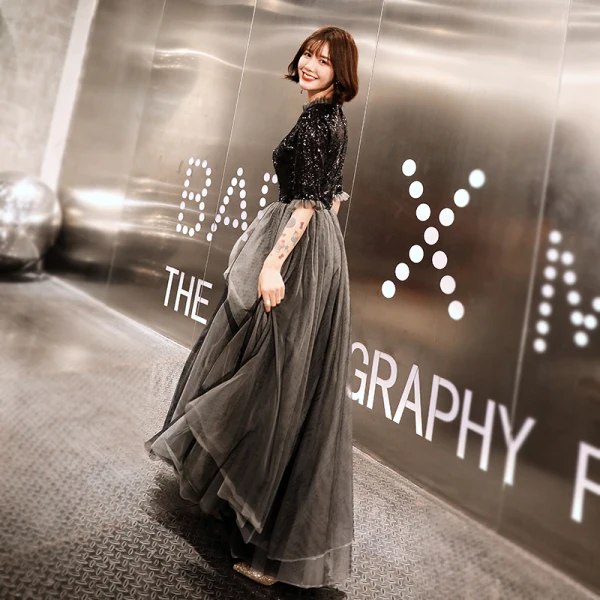 Charming Black Evening Dresses 2019 A-Line / Princess Scoop Neck Sequins 1/2 Sleeves Floor-Length / Long Formal Dresses