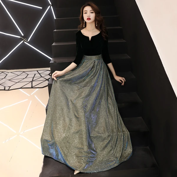 Elegant Svart Selskapskjoler 2019 Prinsesse Suede Scoop Halsen Glitter Polyester 3/4 Ermer Lange Formelle Kjoler