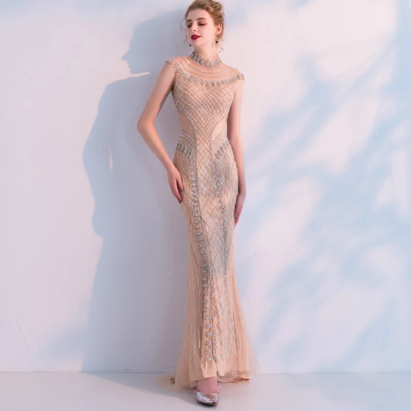 Luxury / Gorgeous Champagne Handmade  Beading Evening Dresses  2019 Trumpet / Mermaid High Neck Crystal Rhinestone Sleeveless Floor-Length / Long Formal Dresses