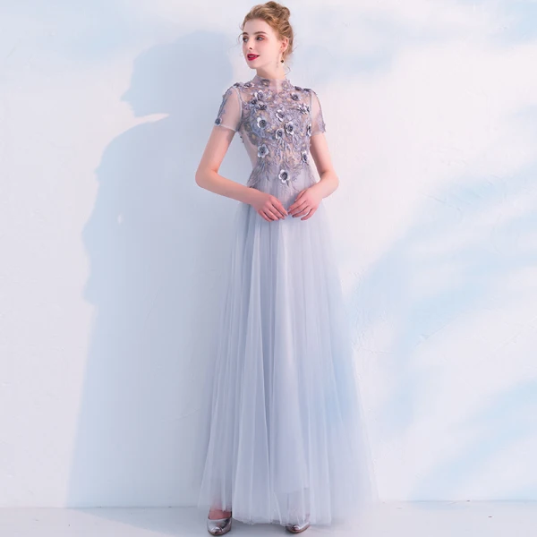 Elegant Grey Prom Dresses 2019 A-Line / Princess High Neck See-through Lace Flower Appliques Pearl Short Sleeve Floor-Length / Long Formal Dresses