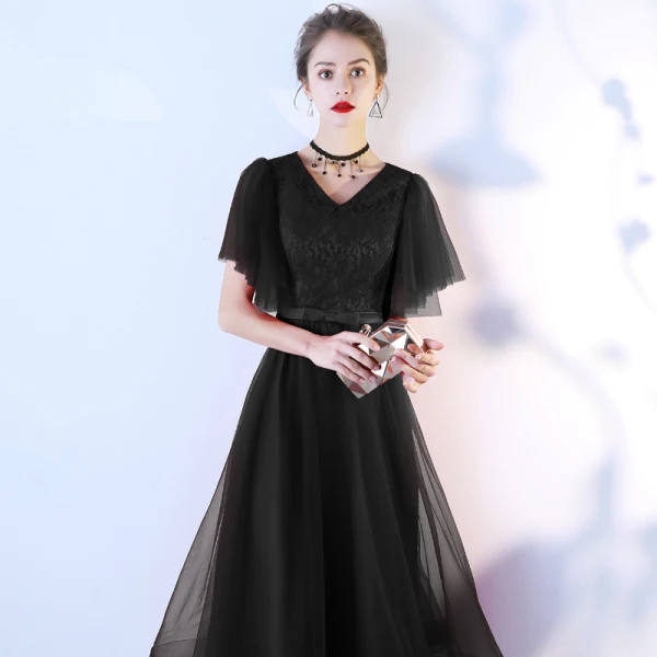 Chic / Beautiful Black Homecoming Graduation Dresses 2019 A-Line / Princess V-Neck Bow Lace Flower Short Sleeve Tea-length Formal Dresses