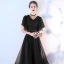 Chic / Beautiful Black Homecoming Graduation Dresses 2019 A-Line / Princess V-Neck Bow Lace Flower Short Sleeve Tea-length Formal Dresses