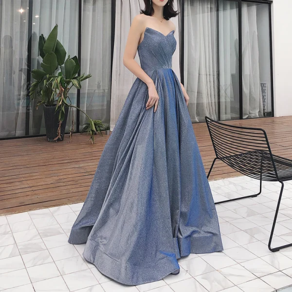 Charmant Océan Bleu Robe De Soirée 2019 Princesse Bustier Glitter Polyester Sans Manches Dos Nu Train De Balayage Robe De Ceremonie