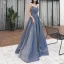 Charmant Océan Bleu Robe De Soirée 2019 Princesse Bustier Glitter Polyester Sans Manches Dos Nu Train De Balayage Robe De Ceremonie
