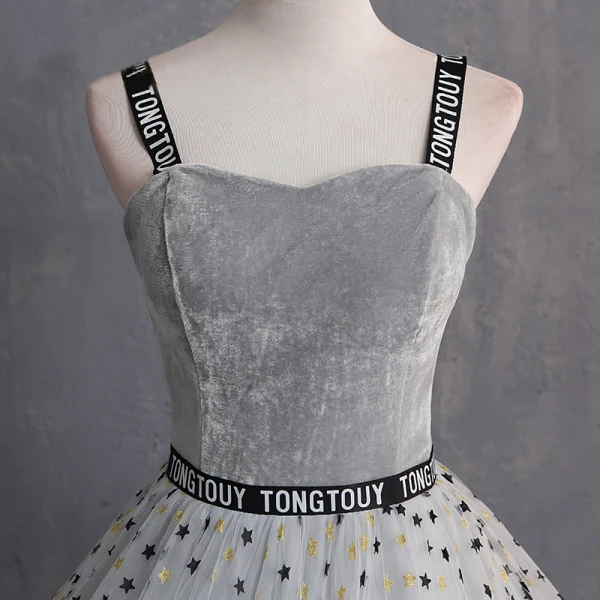 Elegant Grey Prom Dresses 2019 A-Line / Princess Suede Spaghetti Straps Glitter Star Sleeveless Backless Floor-Length / Long Formal Dresses