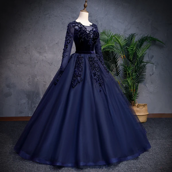Élégant Bleu Marine Robe De Bal 2019 Princesse Encolure Dégagée Perlage Perle Daim Fleur Manches Longues Longue Robe De Ceremonie