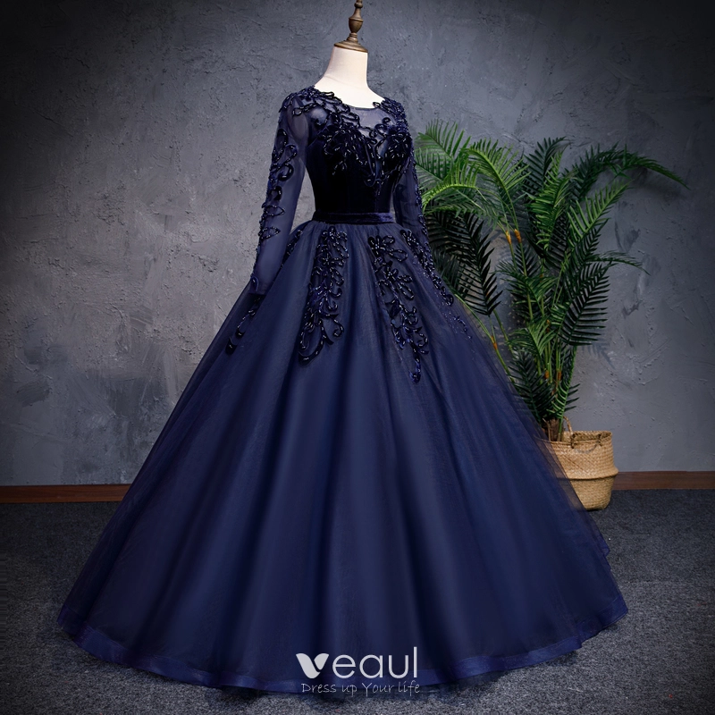 Elegant Navy Blue Prom Dresses 2019 A Line Princess Scoop Neck Beading Pearl Suede Flower Long Sleeve Floor Length Long Formal Dresses