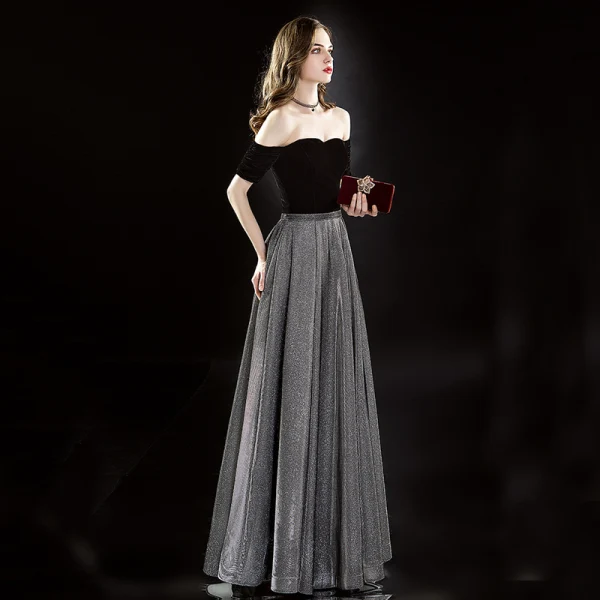 Elegant Svart Selskapskjoler 2019 Prinsesse Suede Av Skulderen Glitter Polyester Korte Ermer Ryggløse Lange Formelle Kjoler