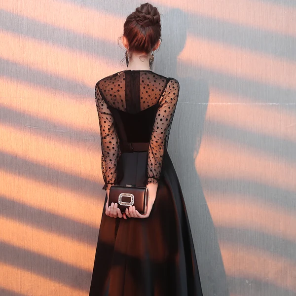 Elegant Black Evening Dresses 2019 A-Line / Princess Scoop Neck Suede Spotted Sash Long Sleeve Floor-Length / Long Formal Dresses