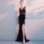 Sexy Noire Robe De Soirée 2019 Trompette / Sirène V-Cou Perlage Cristal Appliques Gland Sans Manches Dos Nu Asymétrique Robe De Ceremonie