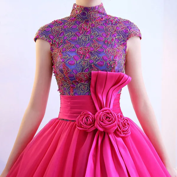 Vintage / Retro Fuchsia Prom Dresses 2019 Ball Gown High Neck Lace Flower Sequins Bow Short Sleeve Floor-Length / Long Formal Dresses