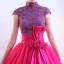 Vintage / Retro Fuchsia Prom Dresses 2019 Ball Gown High Neck Lace Flower Sequins Bow Short Sleeve Floor-Length / Long Formal Dresses