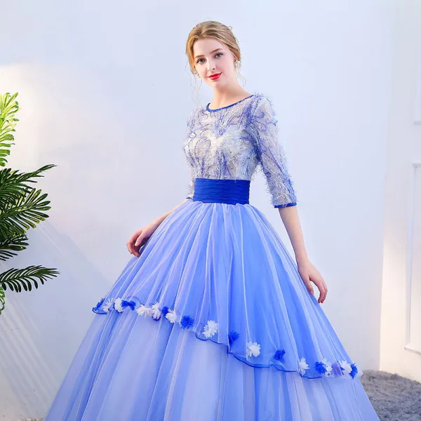 Vintage / Retro Sky Blue Prom Dresses 2019 Ball Gown Scoop Neck Appliques Sequins Tassel 1/2 Sleeves Backless Floor-Length / Long Formal Dresses