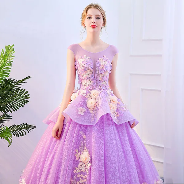 Chic / Beautiful Lilac Prom Dresses 2019 A-Line / Princess Scoop Neck Appliques Lace Flower Pearl Backless Sleeveless Chapel Train Formal Dresses