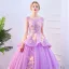 Chic / Beautiful Lilac Prom Dresses 2019 A-Line / Princess Scoop Neck Appliques Lace Flower Pearl Backless Sleeveless Chapel Train Formal Dresses