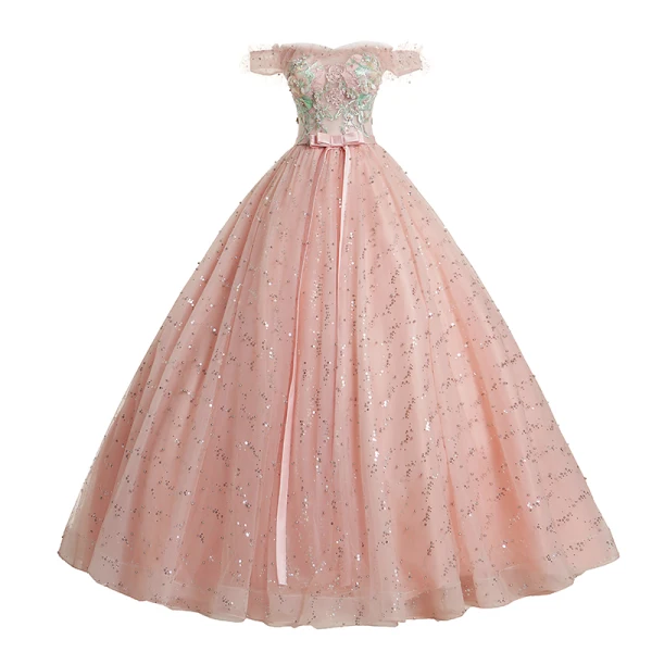 Élégant Perle Rose Robe De Bal 2019 Robe Boule De l'épaule Appliques En Dentelle Fleur Paillettes Noeud Perle Manches Courtes Dos Nu Longue Robe De Ceremonie
