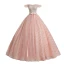 Élégant Perle Rose Robe De Bal 2019 Robe Boule De l'épaule Appliques En Dentelle Fleur Paillettes Noeud Perle Manches Courtes Dos Nu Longue Robe De Ceremonie