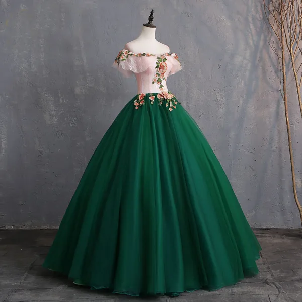 Vintage / Retro Dark Green Prom Dresses 2019 Ball Gown Appliques Lace Off-The-Shoulder Short Sleeve Backless Floor-Length / Long Formal Dresses